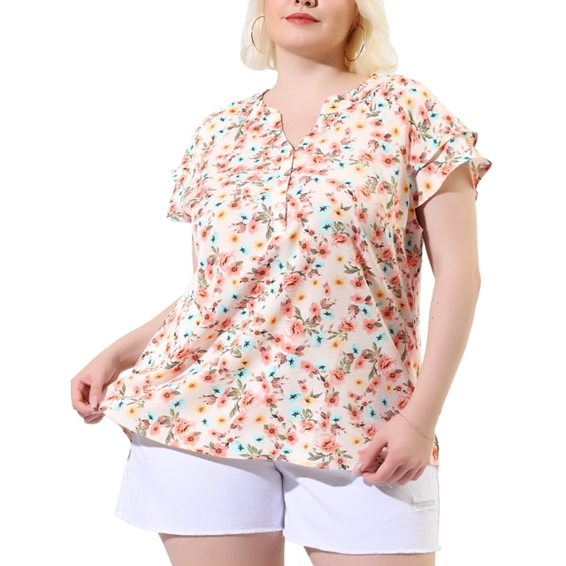 GRACE & GRANDEUR Hauts pour Femmes Grande Taille Rétro à Fleurs Col en V à Étages Manches Courtes Blouses 4X Rose