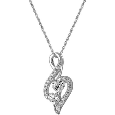 Simulated Diamond Sterling Silver 2-Heart Pendant, 18