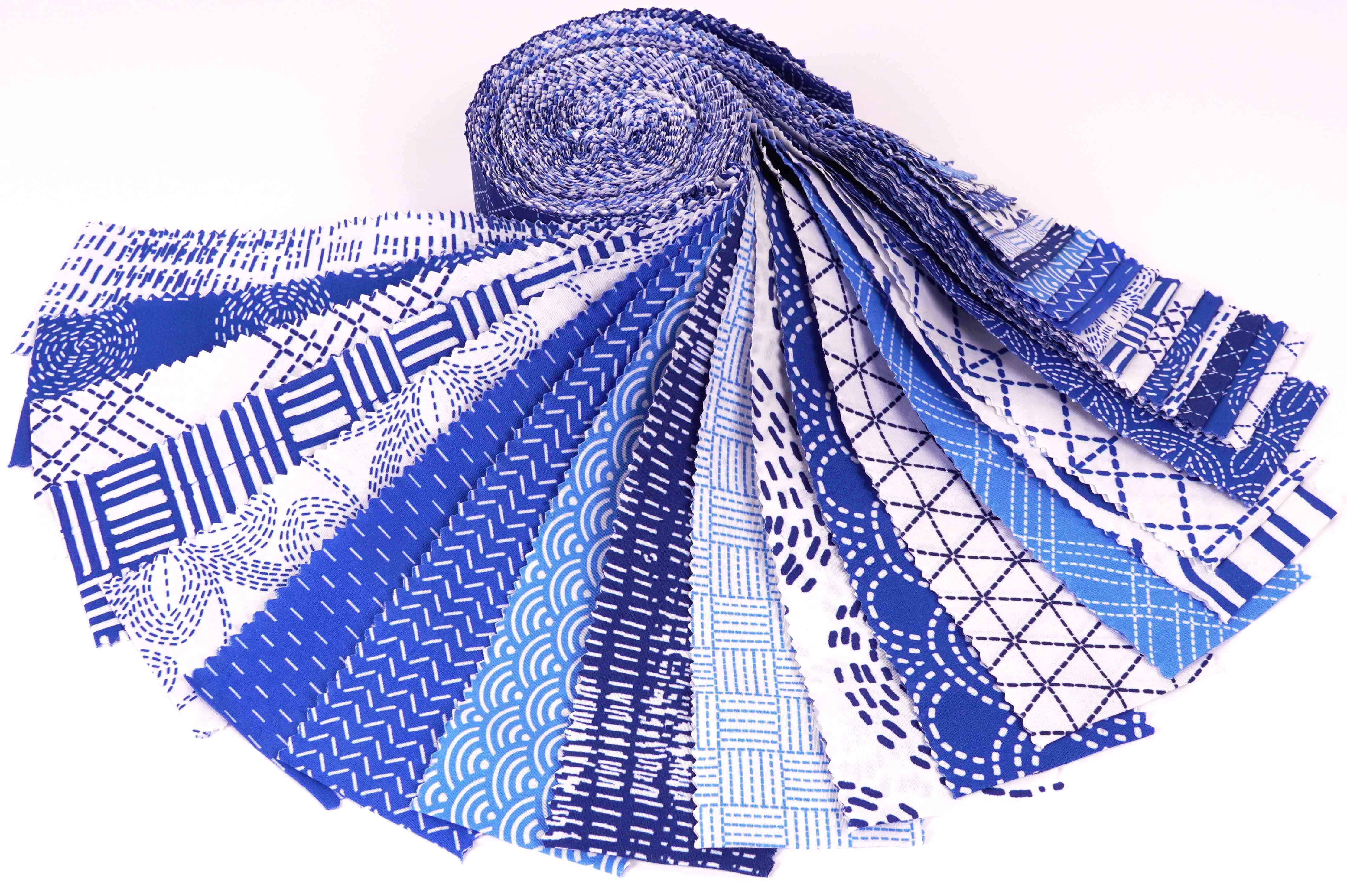 Soimoi 40Pcs Japanese Sashiko Print Cotton Precut Fabrics For Quilting Craft Strips 2.5x42inches Jelly Roll - Medium Blue