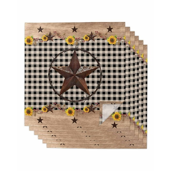 nqOlkjepod Farmhouse Vintage Cloth Napkins Set of 6 Reusable Dinner Napkins, Western Country Star Brown Plaid Cocktail Napkin Washable Table Napkins for Wedding/Holiday Party/Baby Shower 20"x20"