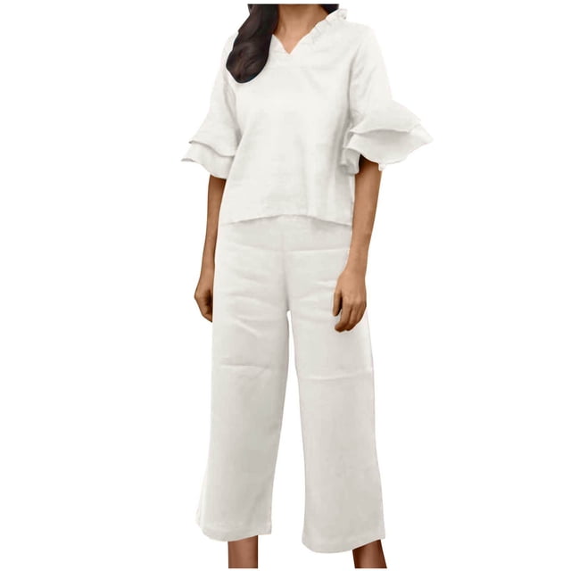 AherBiu Cotton Linen Sets for Women Layered Ruffle Short Sleeve V Neck Tops Pants 2 Piece Lounge Sets