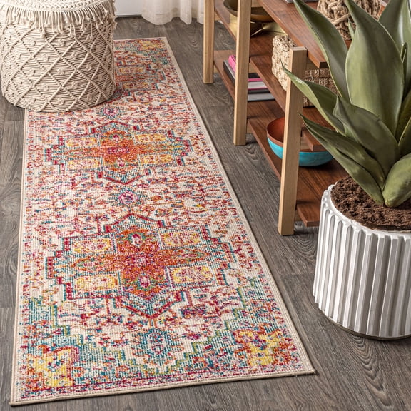 JONATHAN Y CALIFORNIA VINTAGE 2 x 8 Runner Rug, Zafra Vintage Medallion - Coral/Blue/Multi, CAV100A-28