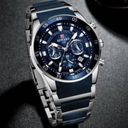 Men's VIP Luxury Chronograph Watch, blue dial, stainless steel case, silicone strap, water-resistant sports watch with date display, chronograph, luminous hands, stainless steel and silicone strap.