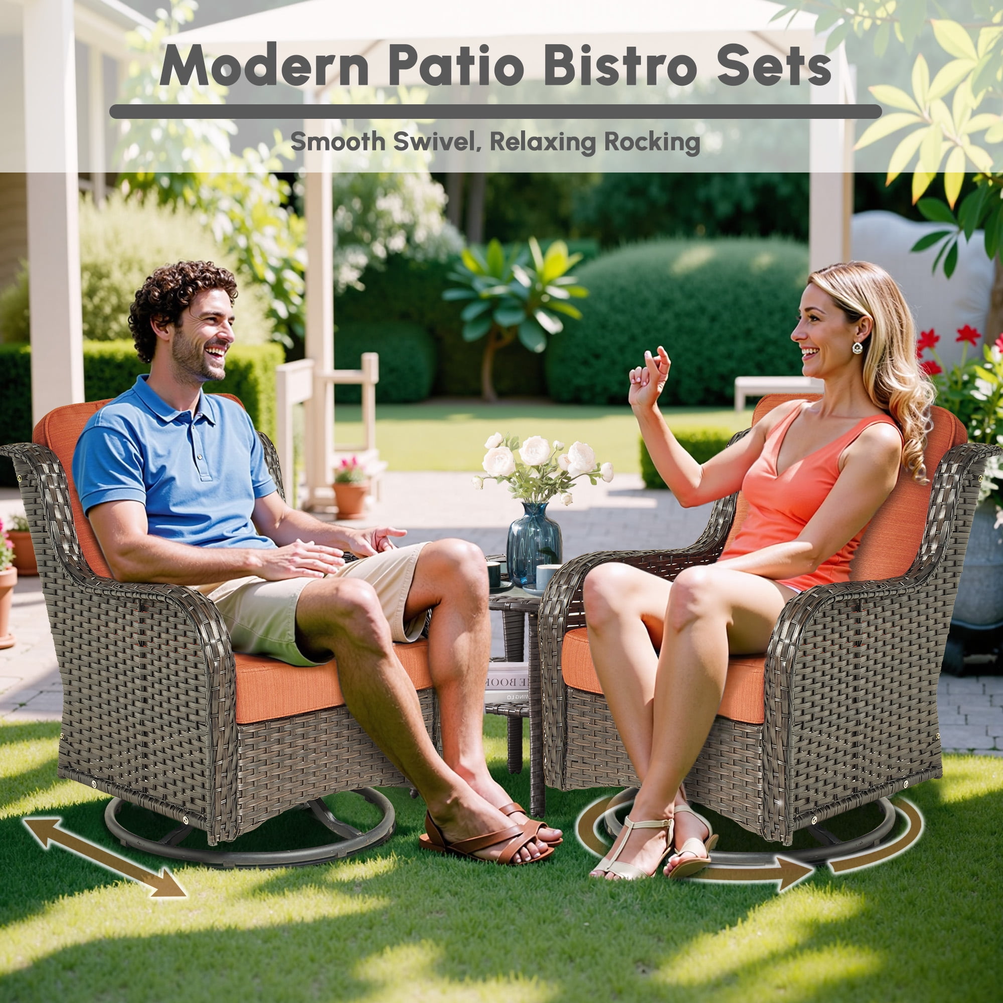 Ovios 7 Piece Outdoor Patio Furniture Set All-Weather Wicker Rattan Conversation Set with High Back Swivel Chairs & Propane Fire Pit Table, Orange Red