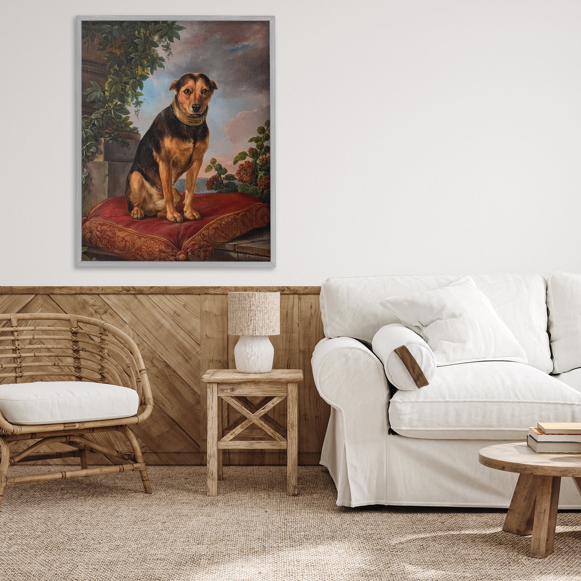 Stupell Industries Historical Dog on Cushion Gray Framed Giclee Art, design by Lil' Rue