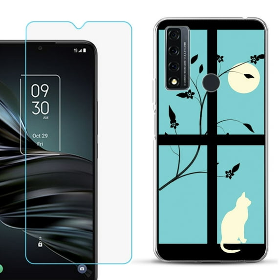 Slim-Fit Fashion Phone Case for TCL 20 XE, with Tempered Glass Screen Protector, by OneToughShield ® - Moon/Cat