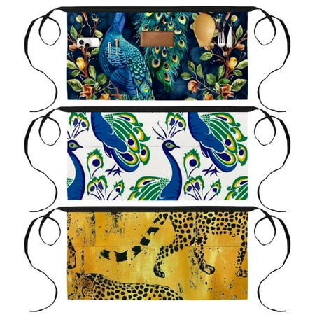 

3 Pack Canvas Waist Apron with 3 Pockets Short Apron for Men Women Kitchen Restaurant and Crafting Waiter Half Apron with Cartoon Peacocks