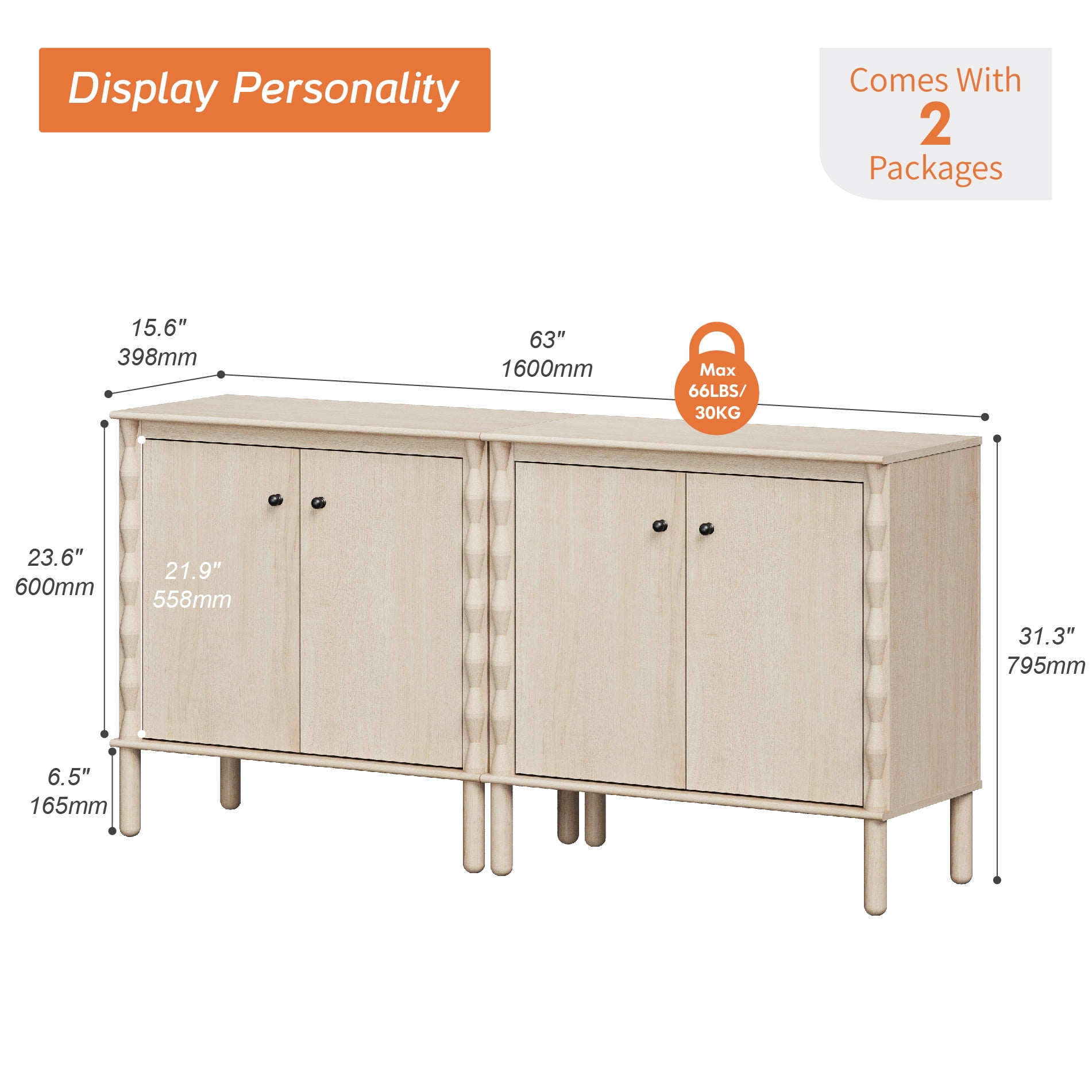 Modern TV Stand Console Table with Adjustable Shelf & 4 Soft-Close Doors，Natural