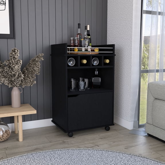 2 Open Shelves, 4 Bar Cart With Cabinet - Modern Black Clean-lined And Intricately Made