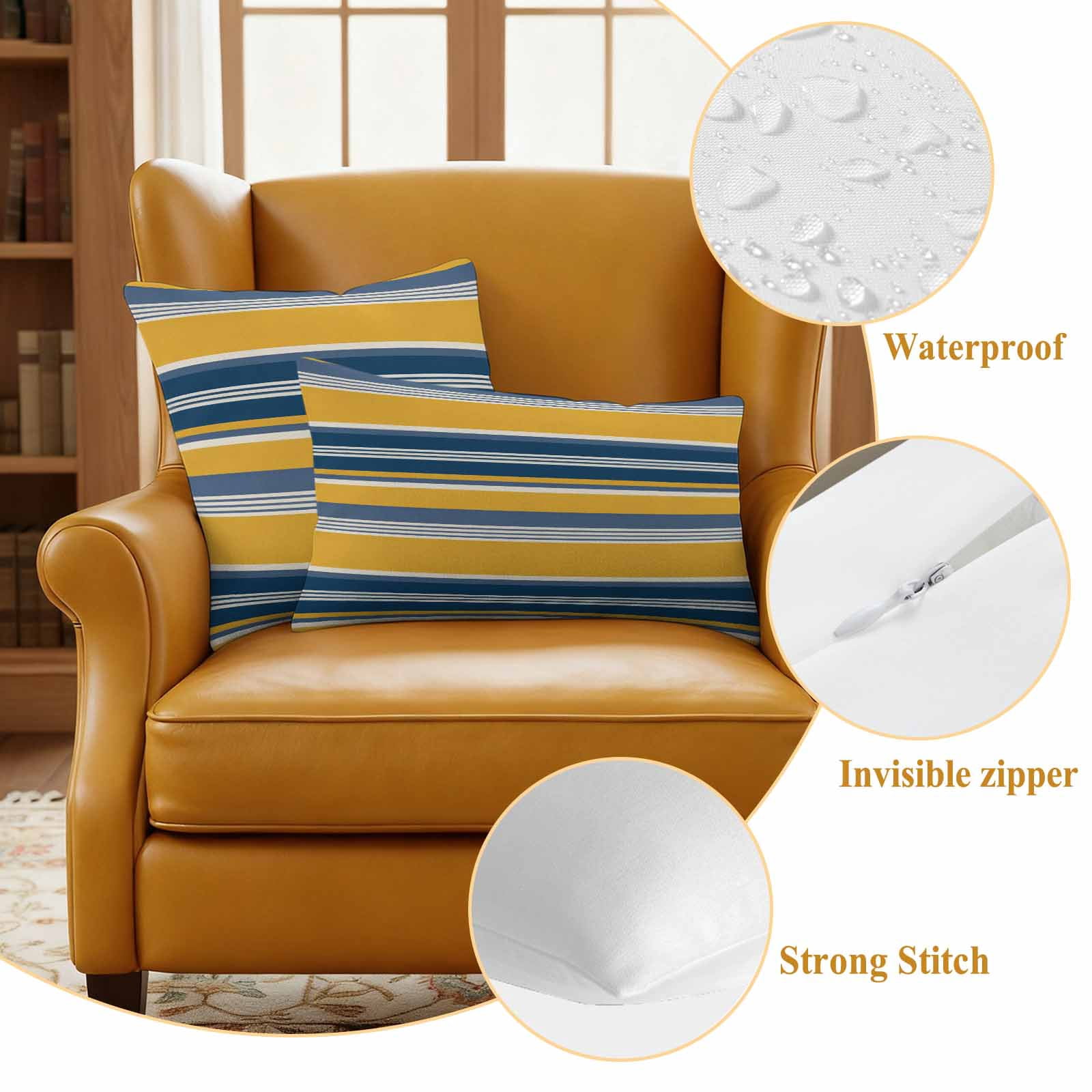 Yellow Blue Striped Outdoor Waterproof Pillow Covers, Farmhouse Vintage Stripe Decorative Square Throw Pillowcase Sofa Cushion Sham for Patio/Couch/Chair, 20"x20" 2 Pack
