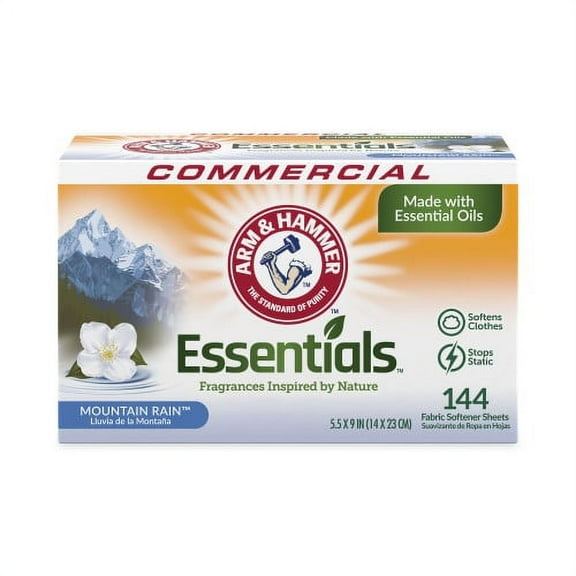 Arm & Hammer Essentials Dryer Sheets, Mountain Rain, 144 Sheets/Box, 6 Boxes/Carton, Each