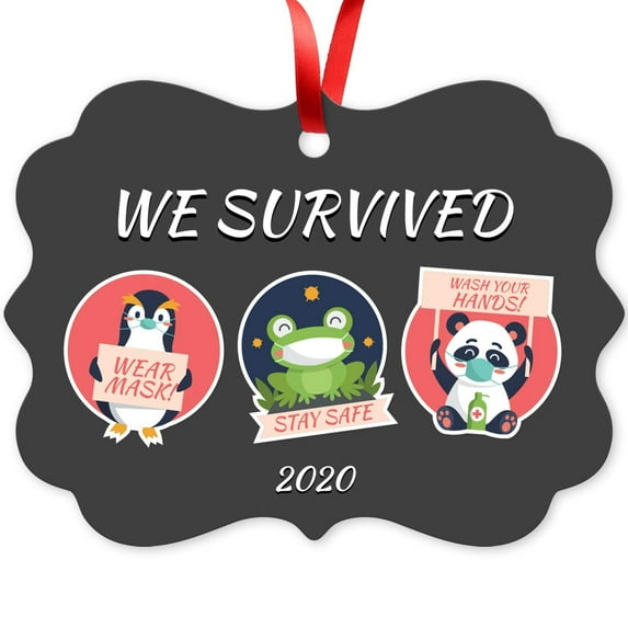 Soul Décor Covid Christmas 2020 Ornaments, We Survived 2020 Ornament, Large 3.75" Rectangle Metal Ornament, Velvet Pouch Included