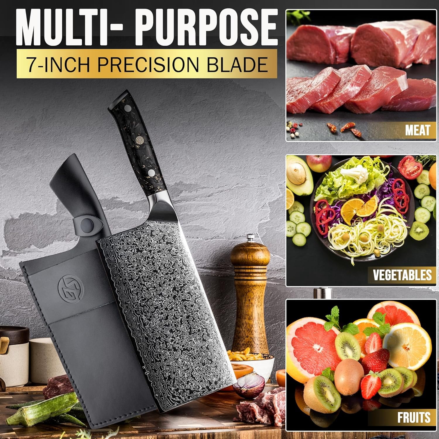 Elite Series 7-Inch Meat Cleaver Knife –Damascus Steel VG10 Core Carbon Fiber Handle with Dual Sheath Polymer & Leather | Butcher Knife for Meat Cutting & Chopper (Cleaver Knife with Leather Sheath)