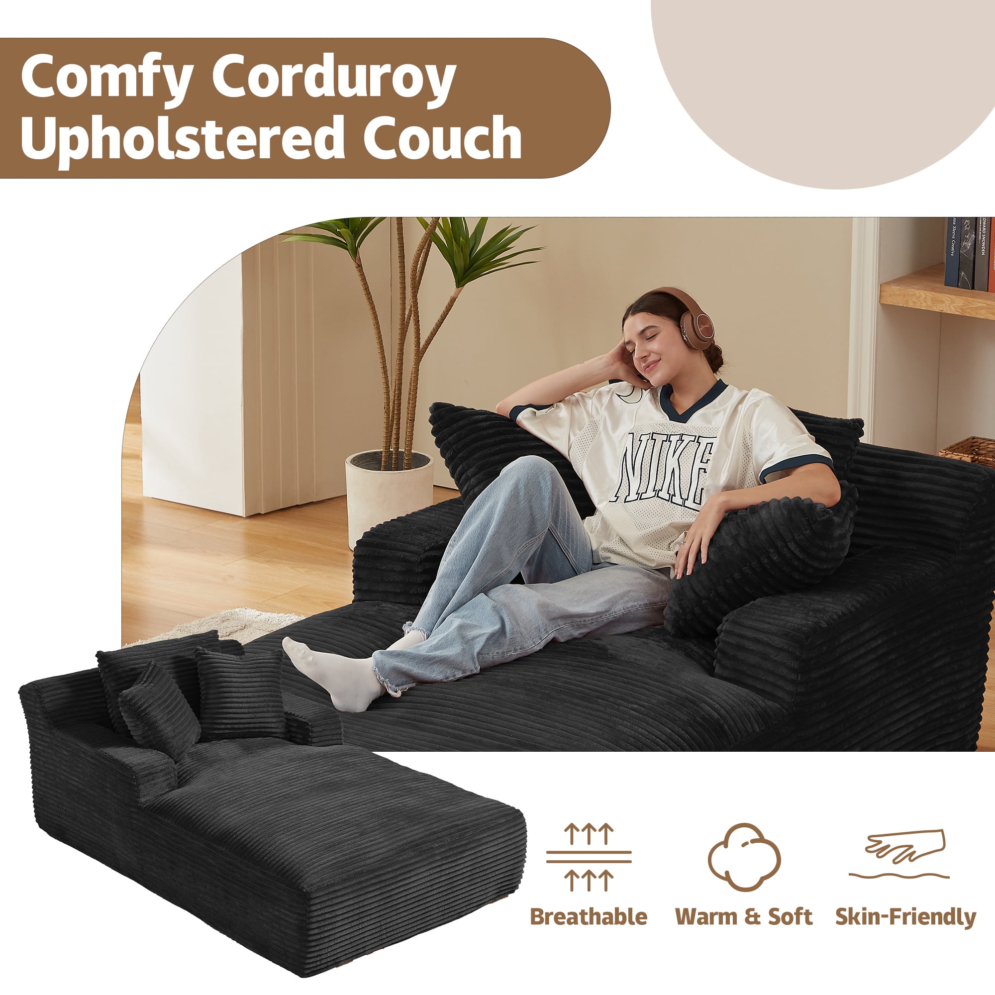 Kosynda Extra-long 79" Chaise Lounge Chair Indoor, Corduroy Upholstered Modern Sofa Couch with Pillows for Living Room, Office, No Assembly Required, Black