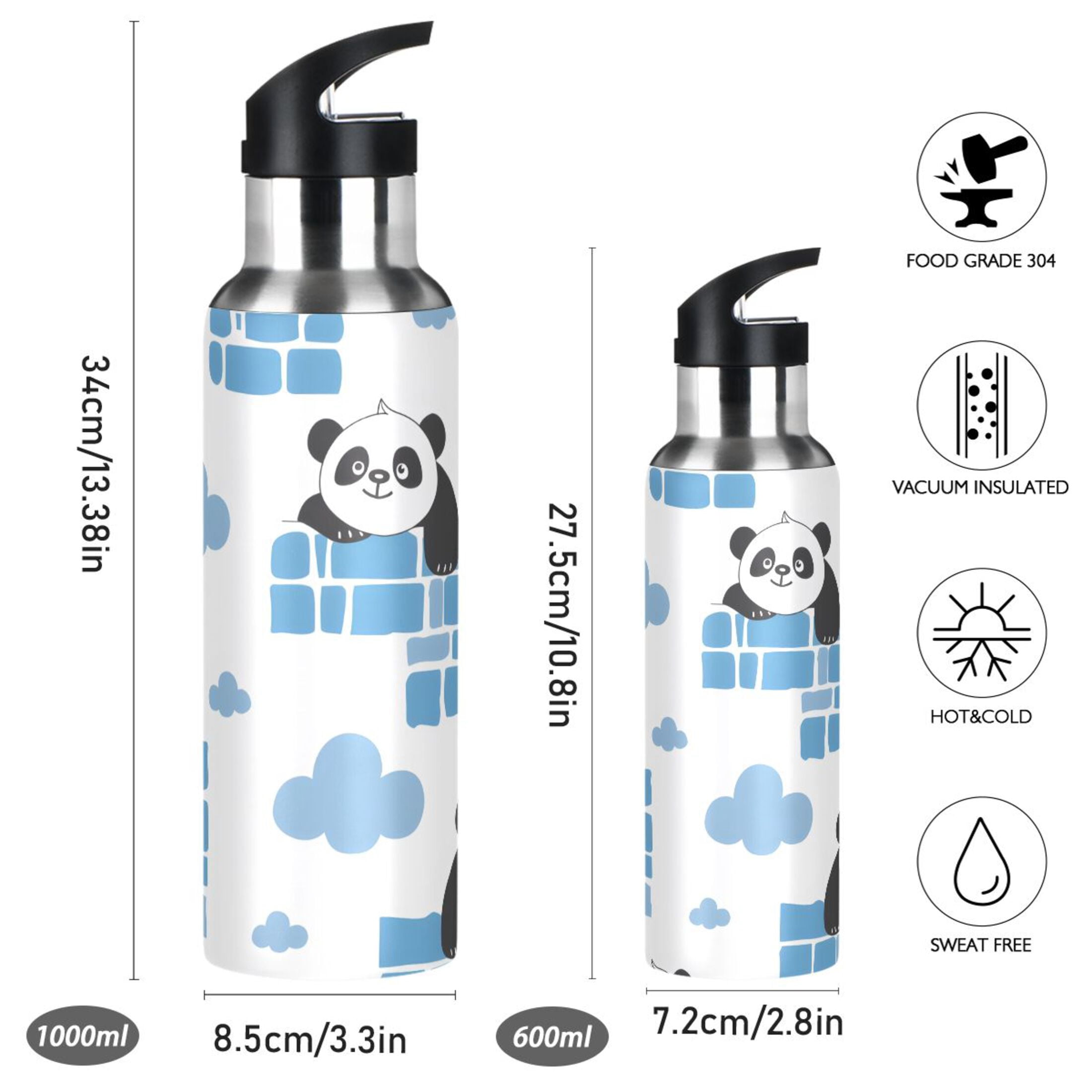 Pandas in Walls Clouds Sports Water Bottle with Straw Lid Insulated Stainless Steel Leak Proof BPA Free Thermal Mug with Handle for Gym Yoga Cycling Camping