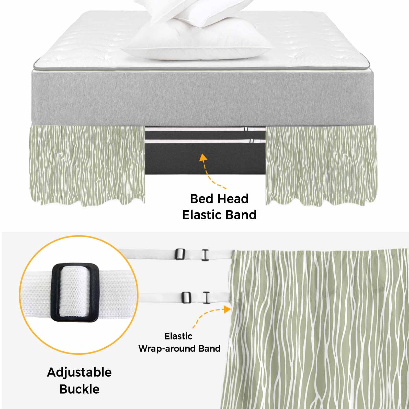 Bed Skirt Sage Green Stripe Adjustable Elastic Wrap-Around Dust Ruffle with Retro Abstract Art Farmhouse Sage Green Stripe Waves 18 Inch Drop, Bed Frame Cover for King Size Bed