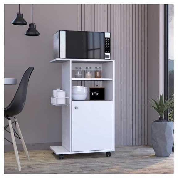 Kitchen Cart with Wheels; White Rolling Storage Cart; Single Door Cabinet; Microwave Stand; Utility Cart for Kitchen; 38.58"H x 23.6"W