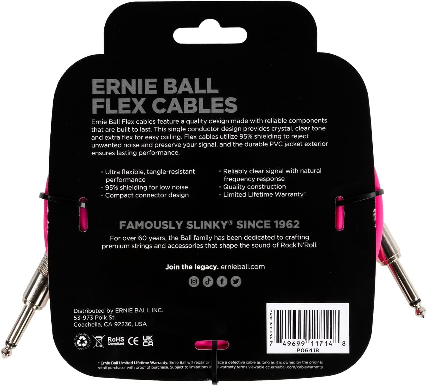 Ernie Ball Flex Instrument Cable Straight/Straight 20ft - Pink