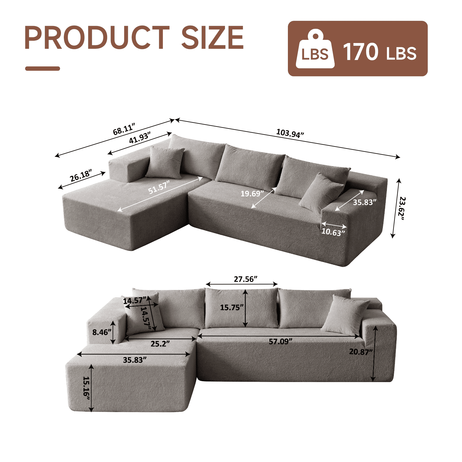 104" Sectional Sofa, L-Shaped Modern Modular High-Density Sponge Corner Sofa with Chaise Lounge & Pillows, Upholstered Cloud Couch for Living Room Bedroom Apartment