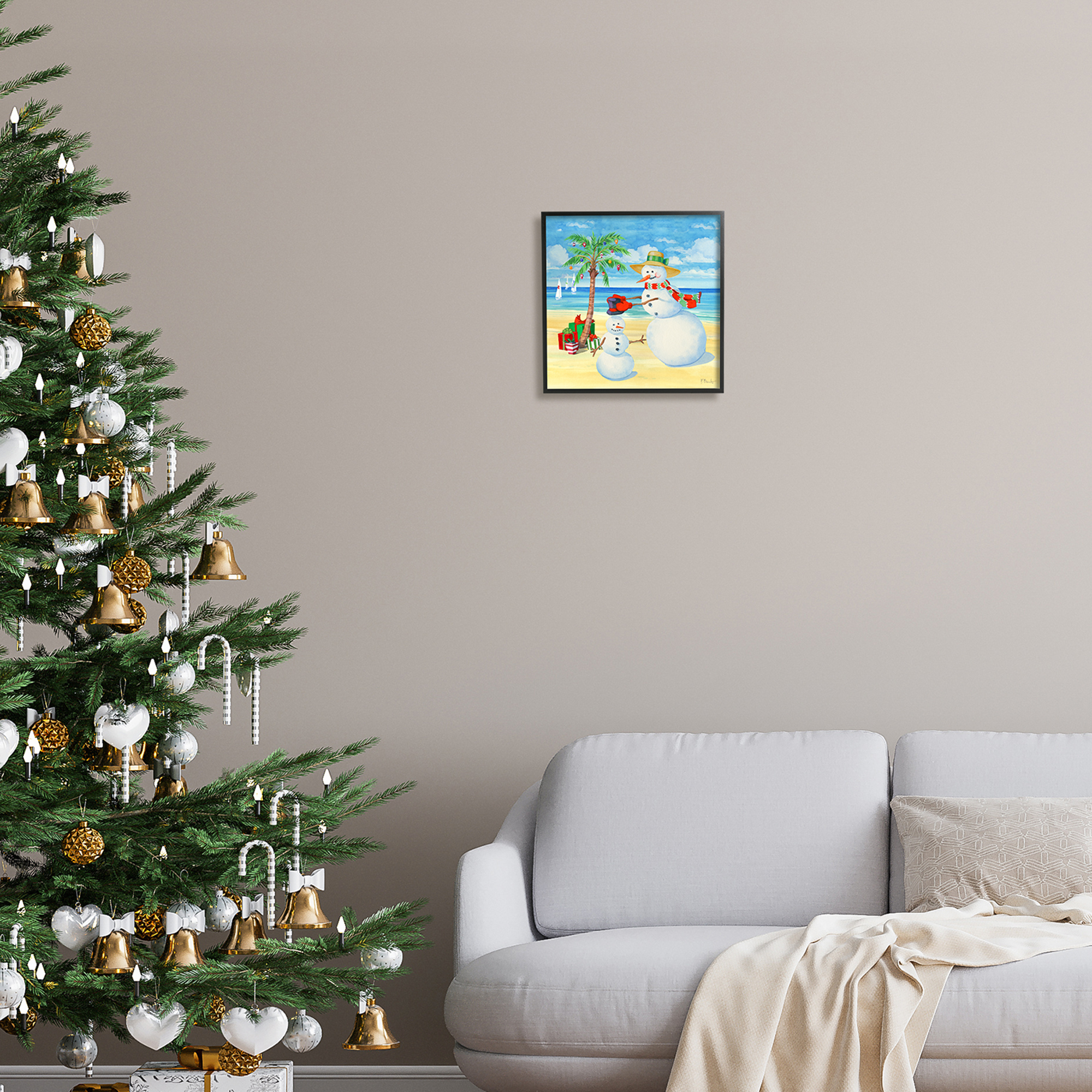 Stupell Industries Festive Snowman Beach Holiday Painting Black Framed Art Print Wall Art, 12 x 12