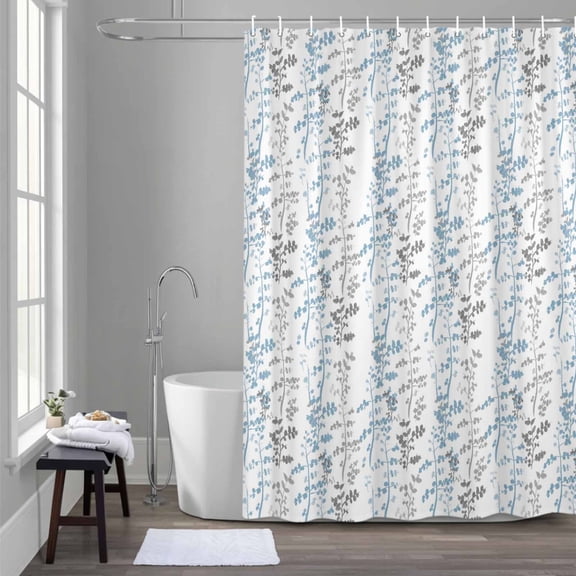 Light Blue and Grey Leaf Shower Curtain for Bathroom Decor, Abstract Farm Plants Floral Branches Waterproof Fabric Shower Curtain, 54"x78" Set with 12 Hooks