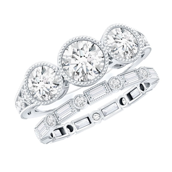 Rosec Jewels Moissanite Wedding Ring Set for Women - 3 Stone Engagement Ring with Enhancer - D-VS1 Quality - Jewelry Box included, 925 Sterling Silver, US 4.00