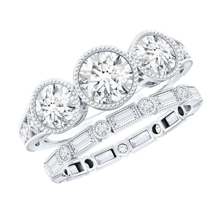 Rosec Jewels Moissanite Wedding Ring Set for Women - 3 Stone Engagement Ring with Enhancer - D-VS1 Quality - Jewelry Box included 10K White Gold US 5.00