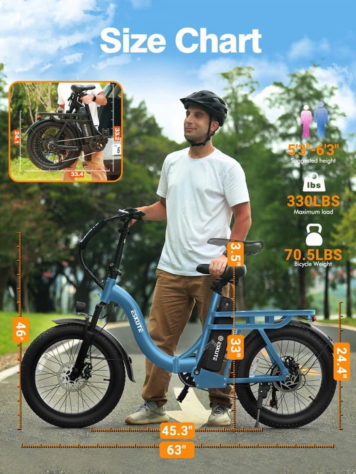 ESKUTE D200 Electric Bike for Adults 1200W Peak Motor 28 Mph, Folding Fat Tire E‑Bike, 48V 10.4Ah Up to 55 Miles, with 7‑Speed Step‑Through Cargo Fold E Bicycle, NFC Unlock, Blue with Lock, UL2849