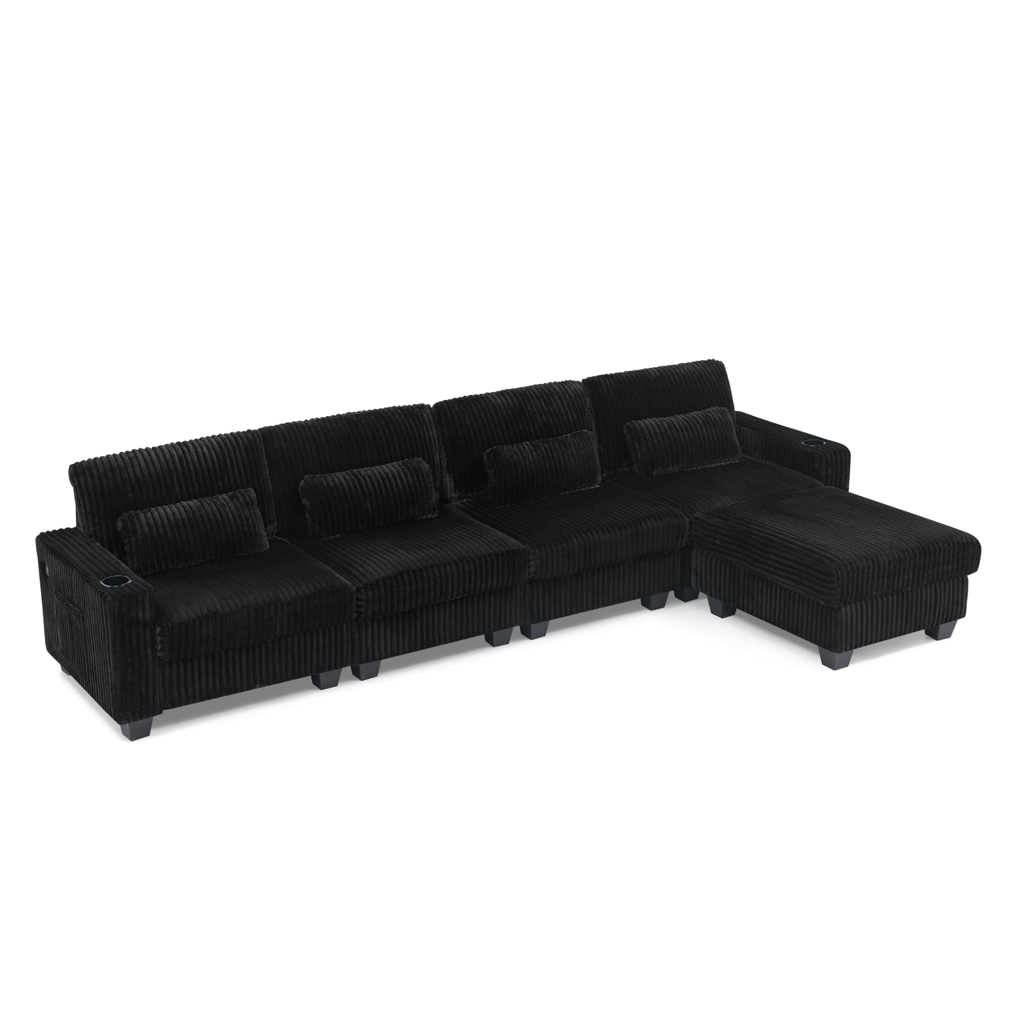 Modular L-Shaped Sectional Sofa with Detachable Ottoman Footrest and Cup Holders, Corduroy 4-Seater Sofa Couch with Side Storage Pockets and Sturdy Plastic Support Feet for Living Room