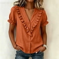 thumbnail image 5 of Cilsoka Women's Ruffle Trim Button Down Shirts Summer V Neck Puff Sleeve Cotton Linen Tops Casual Loose Fit Solid Blouse, 5 of 6