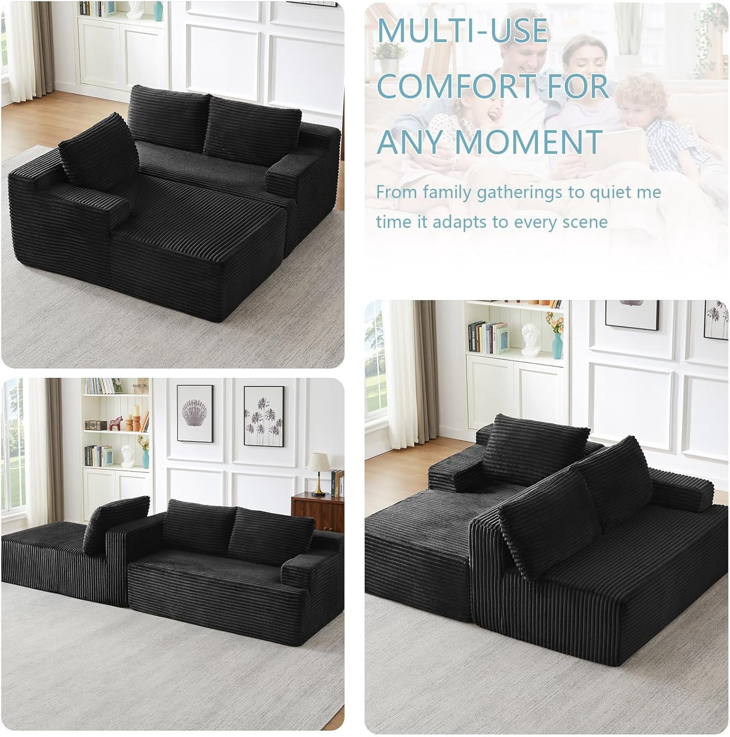 96" Boneless Cloud Couch with Chaise, Modular Sectional Sofa for Living Room, No Assembly Required, Deep Seat Corduroy Couch, Black