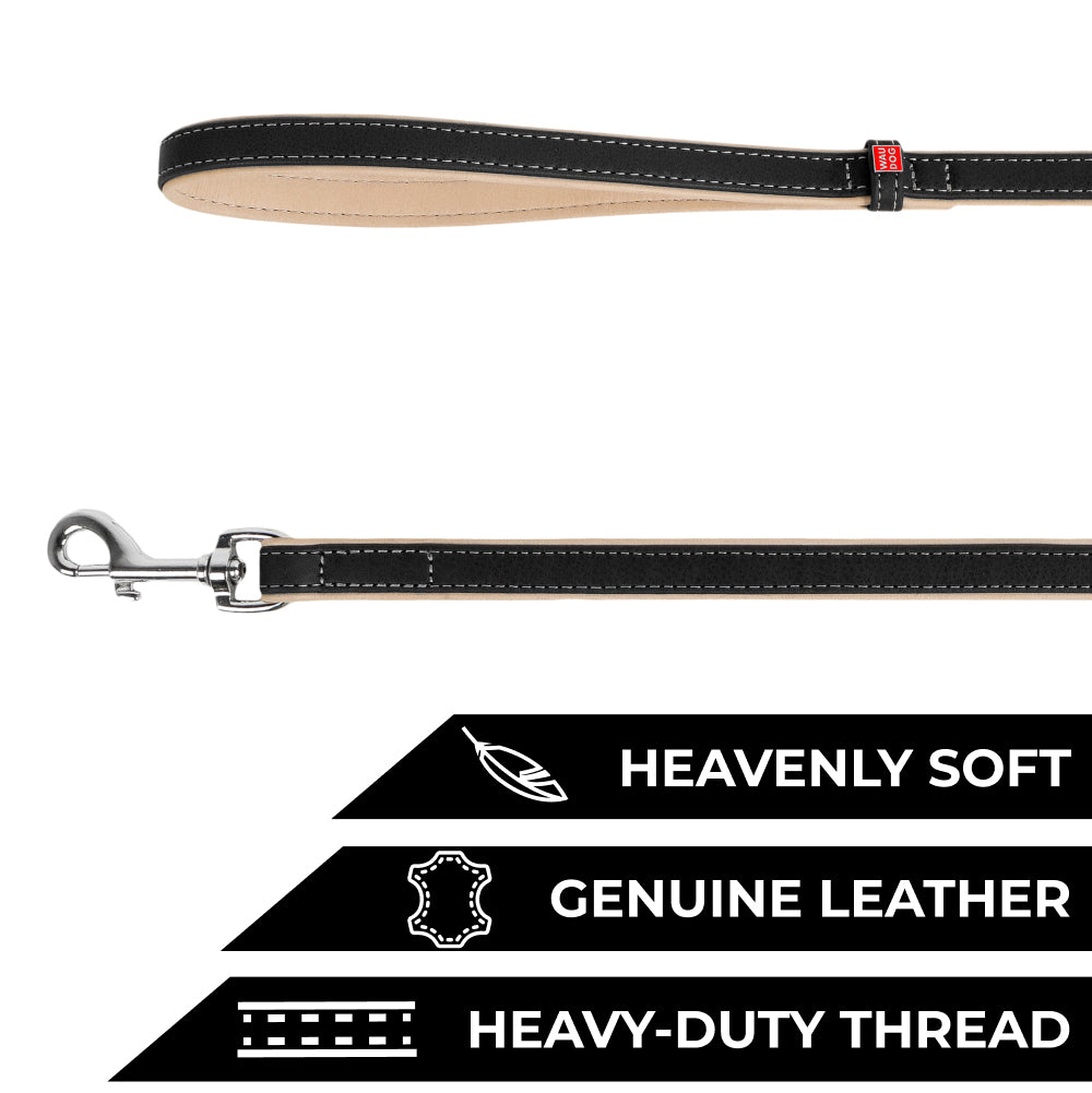 WAUDOG Heavenly Soft Leather Dog Leash | Special Design Leather Leash for Training & Walking Cute Small, Medium Large Dogs | Strong Climbers Clip, Perfect for Puppy, Small Boy & Girl Dogs - Black