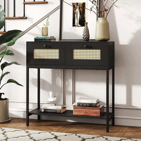 Auranook 32” Console Table w/2 Rattan Drawers, Open Storage Shelf, Heavy-duty Metal Frame