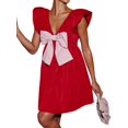 thumbnail image 2 of Women Babydoll Dress Tie Embellished Fly Sleeve Dresses A-Line Ruffle Flowy Short Dress Red XL, 2 of 9