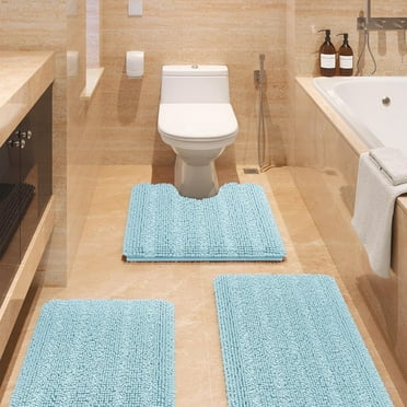 Striped Spa Blue Bathroom Rug Set 3 Pieces Gray Ultra Soft, Non Slip Absorbent Chenille Bath Mats