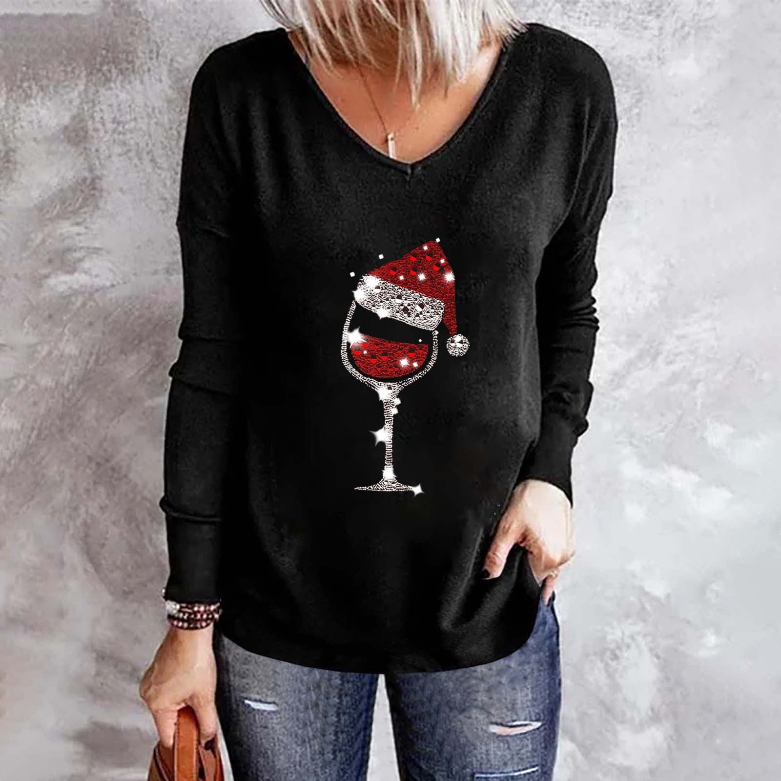 BVnarty Women's Casual Round Neck T-Shirt Raglan Color Matching Christmas Wine Glasses Santa Hats and Snow Printed Long Sleeve Tops Gray XL