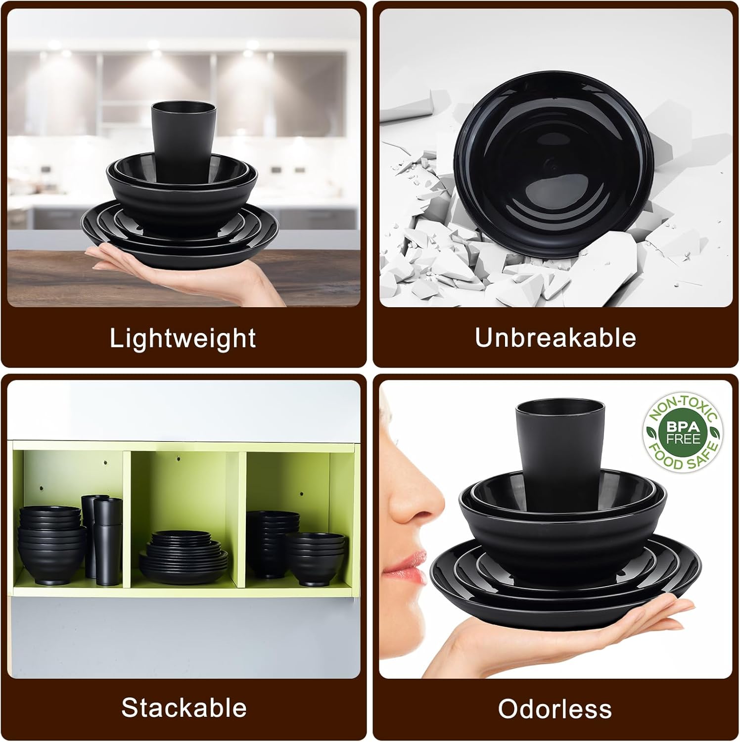Bestdin Black 16-Piece Plastic Dinnerware Set for 4 photo 4