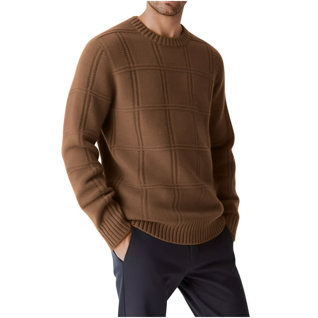 Lekwk Chandail Col Rond Homme Manches Longues chandail Décontracté Tricoté à Carreaux Automne Hiver Couleur Unie Classique