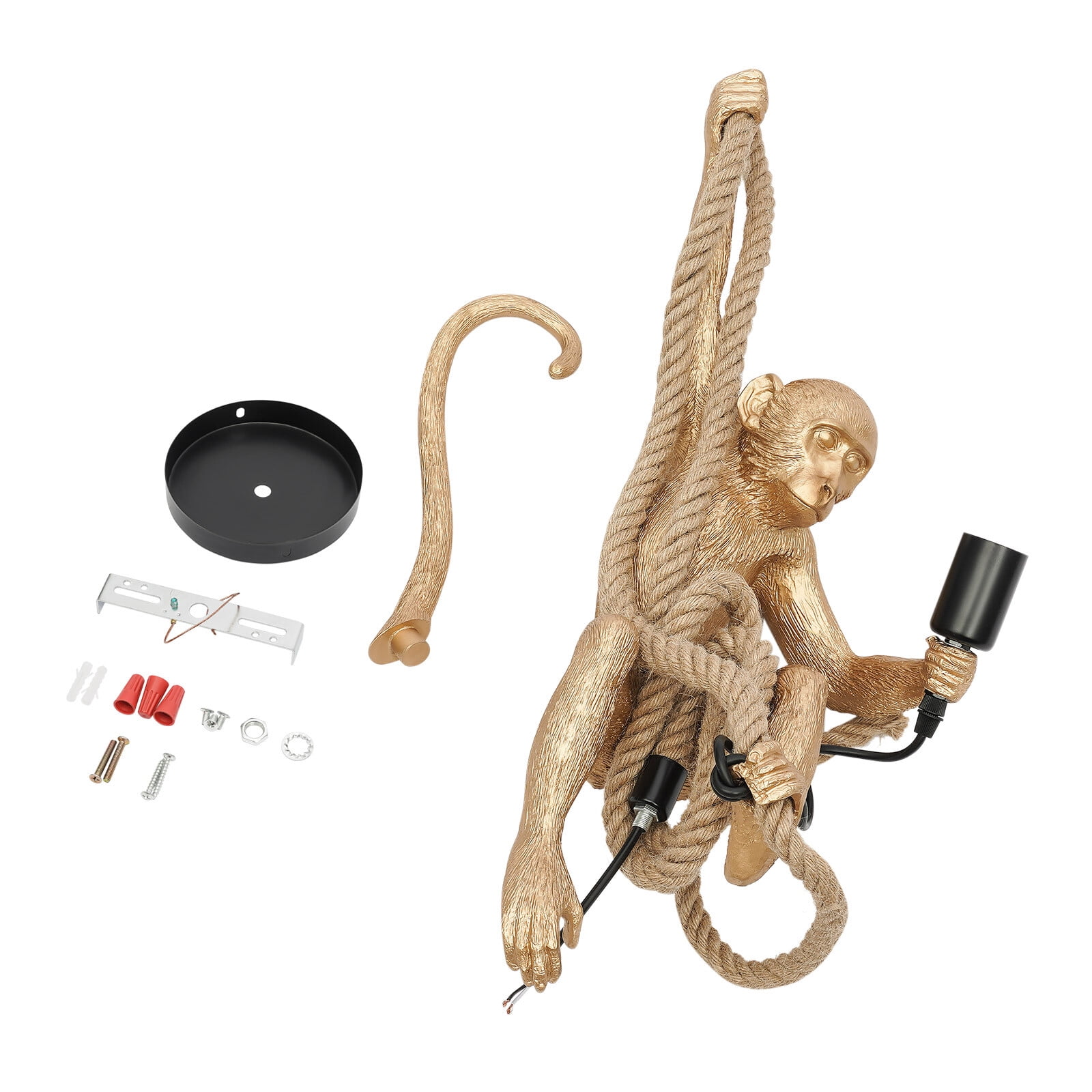 Vintage Resin Hemp Rope Monkey Pendant Light, LED Monkey Chandelier Lamp Fixture E27 for Dining Living Room Golden
