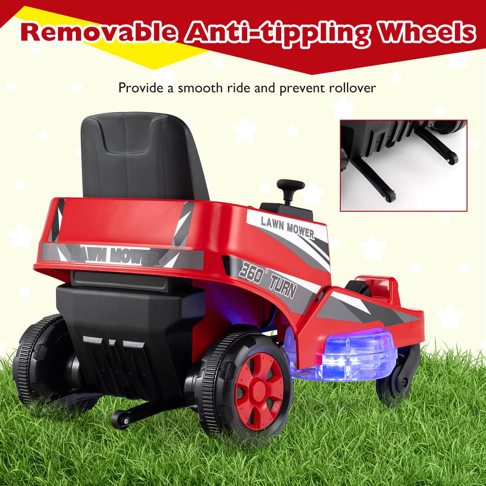 Costway 12V Ride on Lawn Mower with Dual Control Sticks LED Lights Twist Turn for Aged 3-8 Red