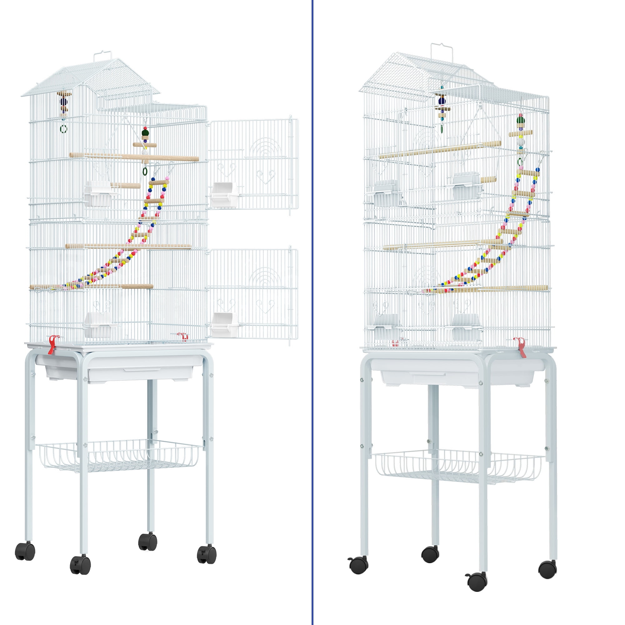 ModFusion 62" Metal Birdcage with Rolling Stand, Playful Accessories for Parakeets, Lovebirds & Conures – White