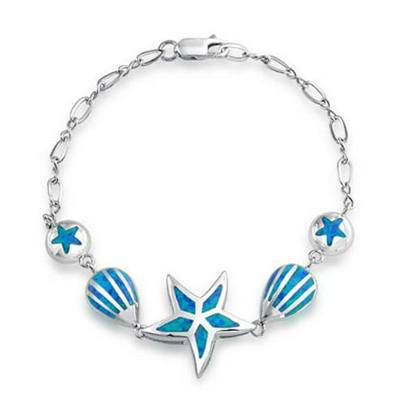 Bling Jewelry Synthetic Blue Opal Inlay Starfish Sea Shell Bracelet Sterling Rhodium Plated
