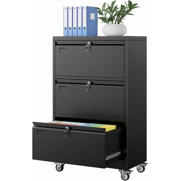 Aobabo 3 Drawer Lateral File Cabinet with Wheels, Lockable Metal Filing Cabinet for Home Office, Legal/Letter Size,Black,Required Assembled,15.87" D x 28.94" W x40.48 H