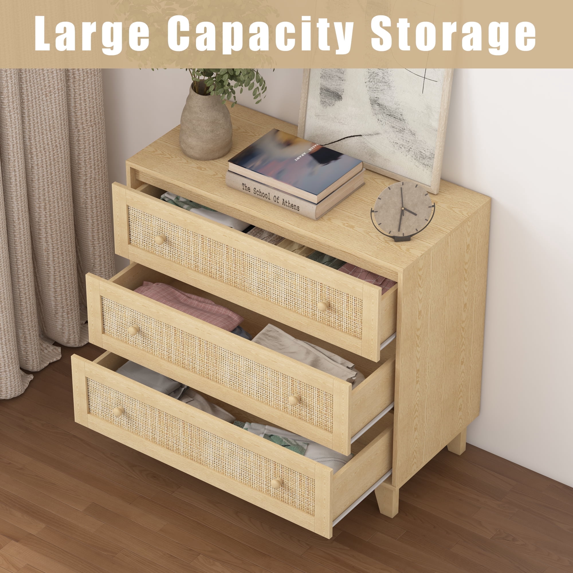 FANRAL 3 Drawers Dresser for Bedroom,Boho Small Natural Rattan Closet Dresser Chest of Drawers,Modern Wood Clothes Storage Organizer with Wooden Feet and Handles for Hallway,Living Room,Entryway