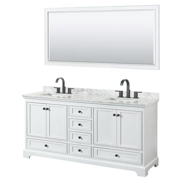 72 in. Deborah White Double Bathroom Vanity with White Carrara Marble Countertop, Undermount Square Sinks & Matte Black Trim - 70 in. Mirror