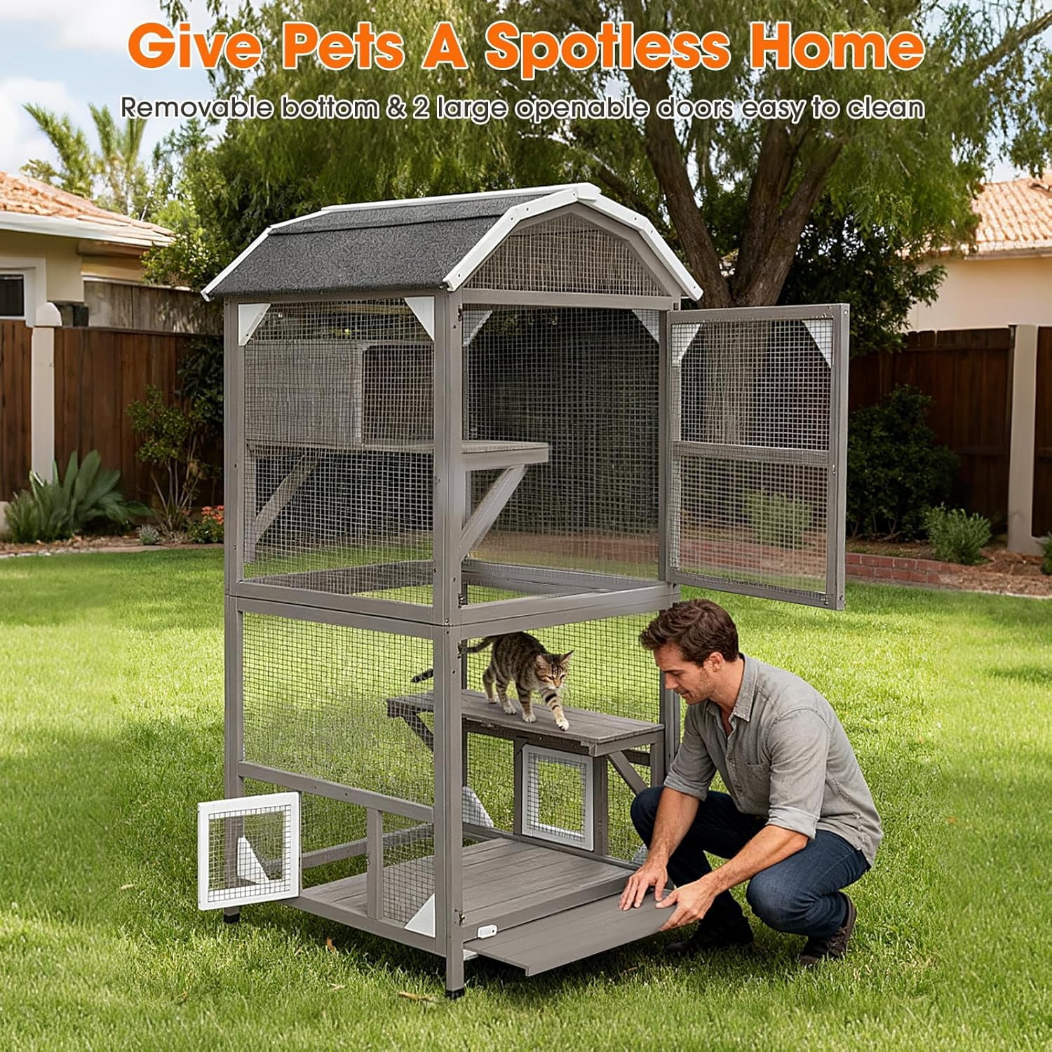 Petsblublu 71"H Outdoor Cat Enclosure Wooden Cat House 4 Tiers with Removable Floor