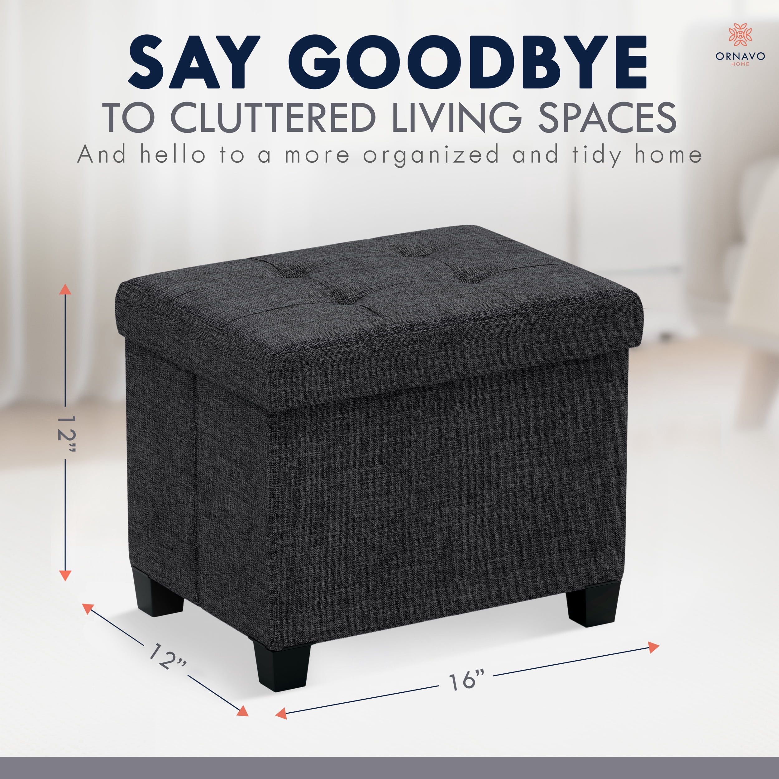 Ornavo Home Storage Ottoman Small Rectangle Ottoman with Legs, Foot Rest Stool Seat, Load up to 600 LB, for Living Room, Bedroom, Home Office, Dorm - 12 x 16 x 12, Black