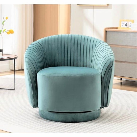 Silla de barril giratorio de terciopelo de 366 grados, sillón moderno de acento plisado con base resistente y cojín acolchado grueso