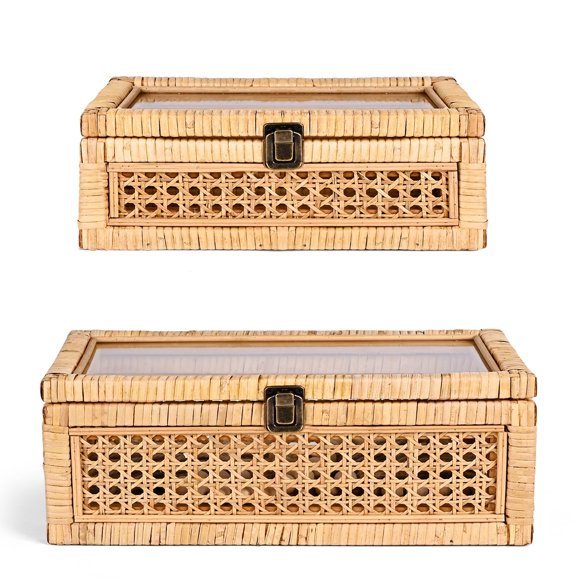 Caja decorativa HUAXIN CRAFT H de ratán con tapa, juego de 2 unidades, color beige