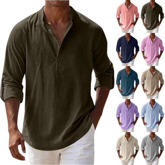 Men Button Up Shirts Long Sleeve Pullover Cotton Linen Casual Stand-up Collar Solid Blouse Shirt Tops